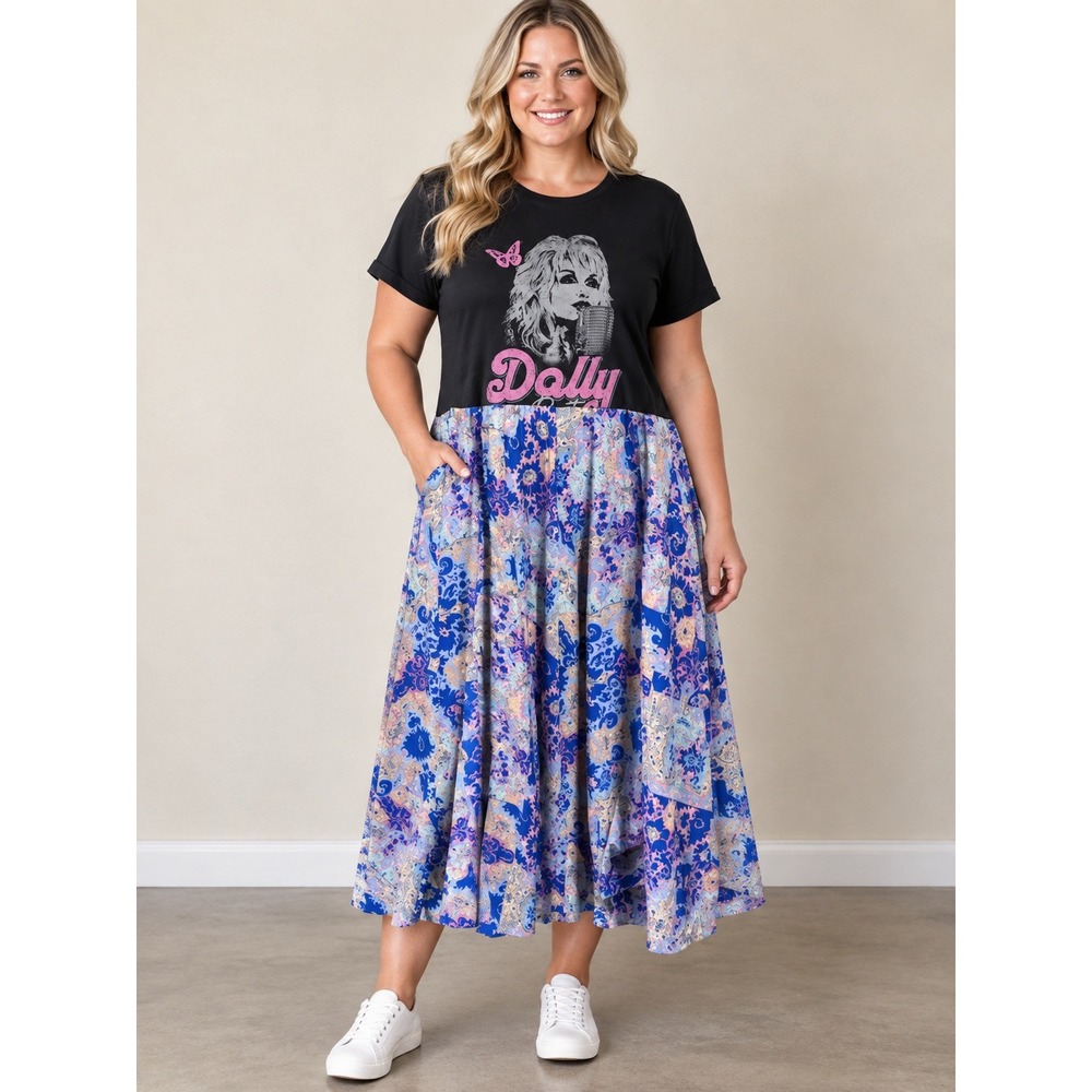 Dolly Parton Graphic T-Shirt Maxi Dress Black Blue Paisley Floral Plus Sz 1X/XL